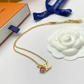Colar Louis Vuitton LV Monograma Floral Corrente de Ouro Vermelho Pingante