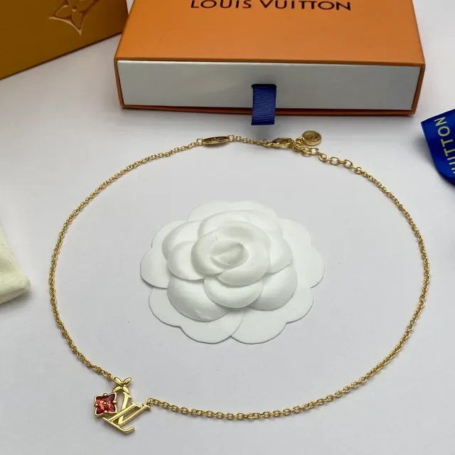 Collier Louis Vuitton LV Monogram Floral Chaîne Or Rouge Pendentif 2