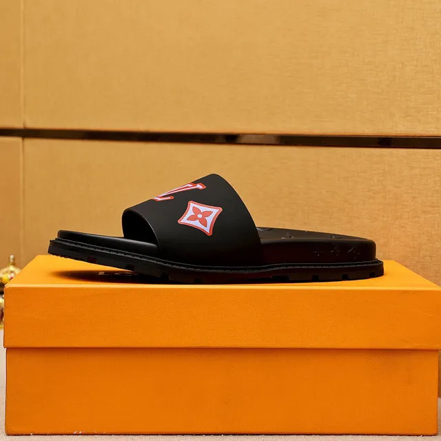 Louis Vuitton LV Slide Black Red White Logo Slippers 5