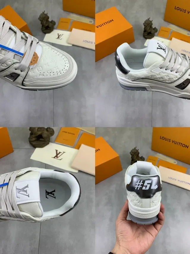 Louis Vuitton LV Trainer Beige Noir Monogramme Embossé Cuir Panneaux en Couches Sneakers Lifestyle 3
