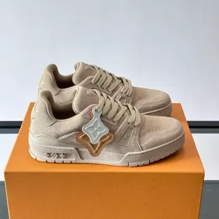Louis Vuitton LV Trainer Beige Marrón Ante Superior Suela Media con Capas Zapatillas Lifestyle