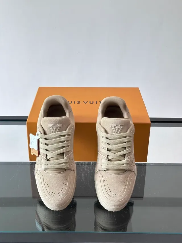 Louis Vuitton LV Trainer Beige Marrón Ante Superior Suela Media con Capas Zapatillas Lifestyle 4