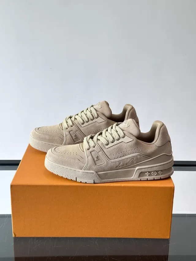 Louis Vuitton LV Trainer Beige Marrón Ante Superior Suela Media con Capas Zapatillas Lifestyle 5
