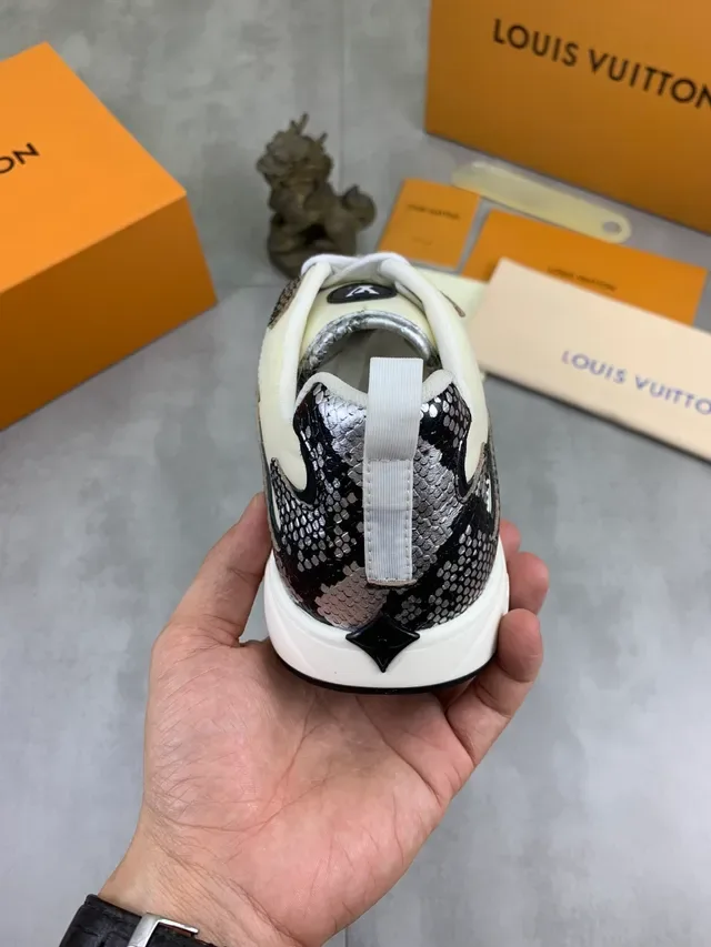 Louis Vuitton LV Trainer Beige Silver Asymmetrical Snake-Embossed Panels Monogram Branding Lifestyle Sneakers 4