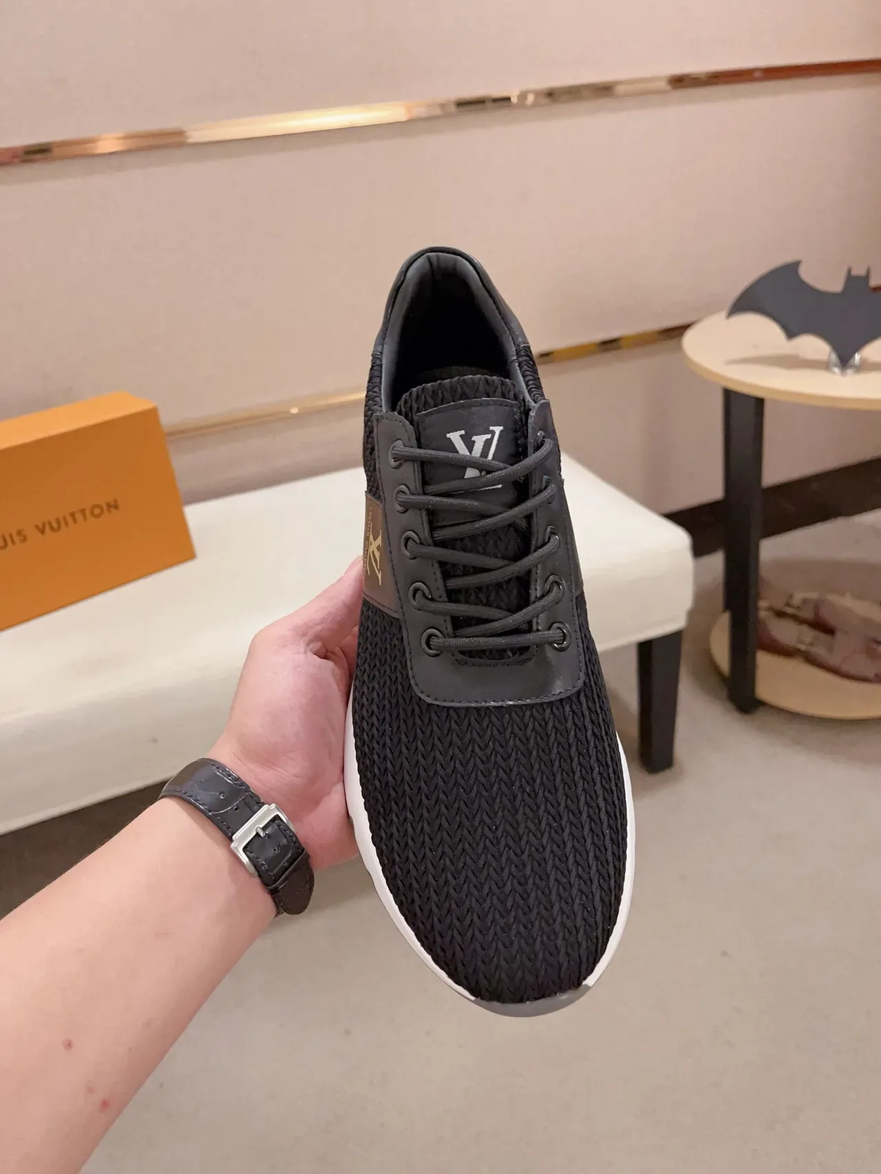 Louis Vuitton LV Trainer Black Beige Knit Upper Leather Side Panel Lifestyle Sneakers 2
