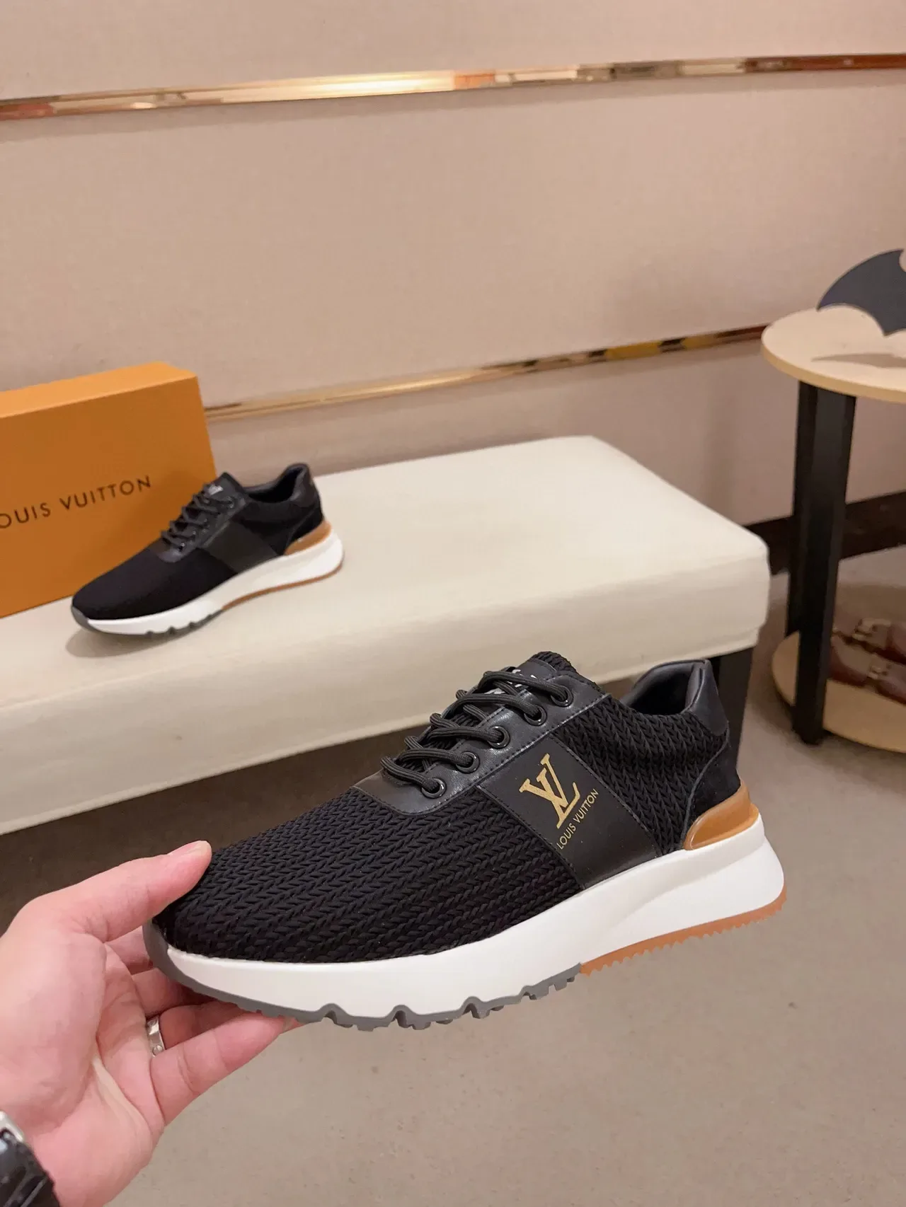 Louis Vuitton LV Trainer Black Beige Knit Upper Leather Side Panel Lifestyle Sneakers 3