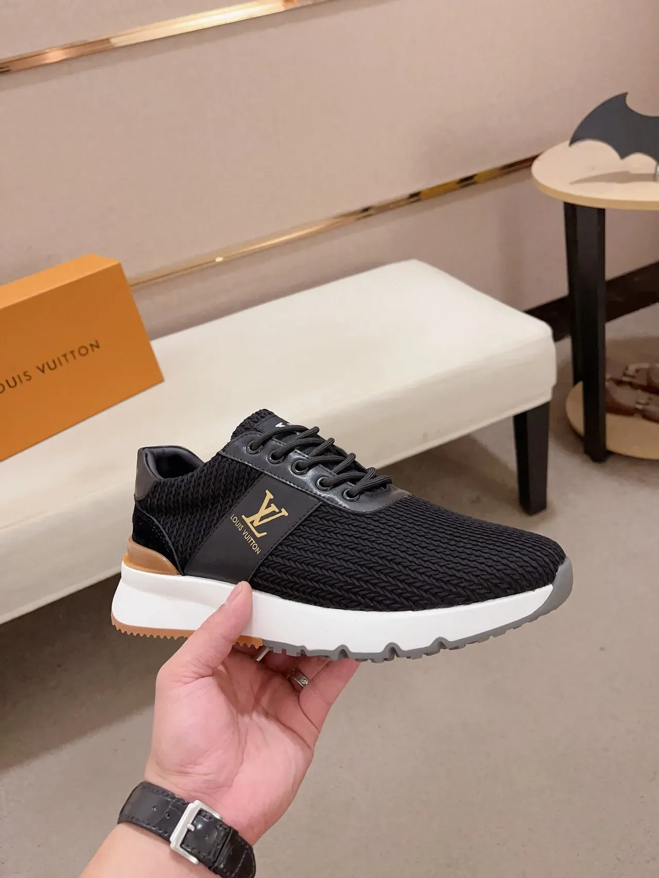 Louis Vuitton LV Trainer Black Beige Knit Upper Leather Side Panel Lifestyle Sneakers 4