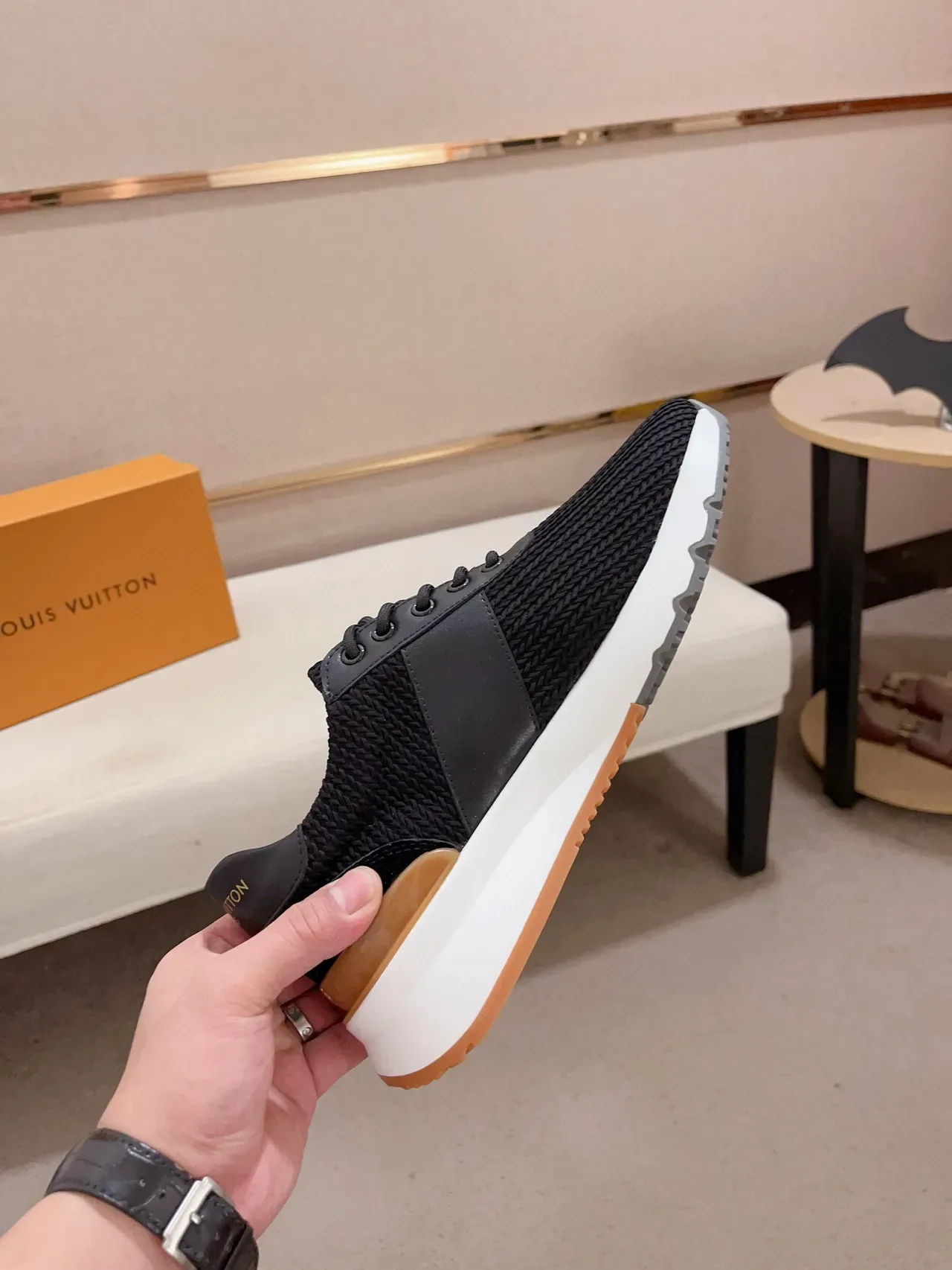 Louis Vuitton LV Trainer Black Beige Knit Upper Leather Side Panel Lifestyle Sneakers 5