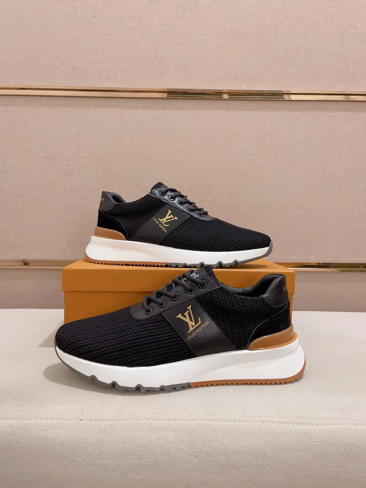 Louis Vuitton LV Trainer Black Beige Knit Upper Leather Side Panel Lifestyle Sneakers 7