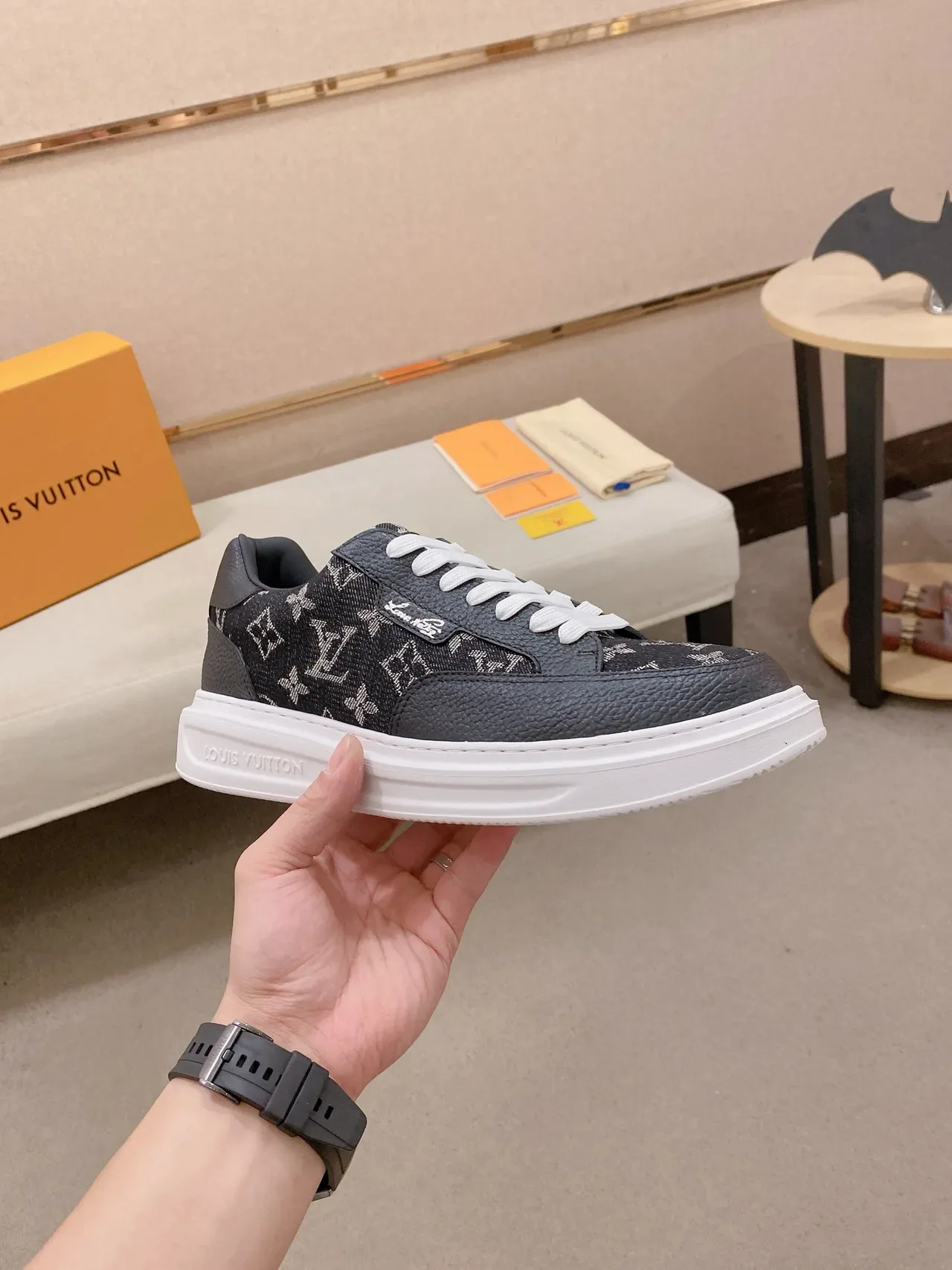 Louis Vuitton LV Trainer Black White Monogram Canvas Textured Leather Toe Cap Lifestyle Sneakers 5