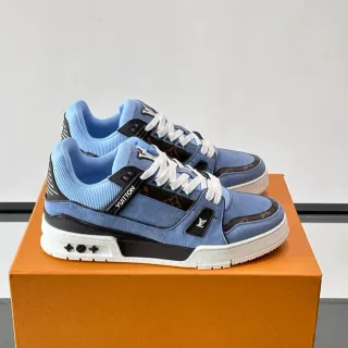 Louis Vuitton LV Trainer Azul Negro Ante Parte Superior Monogram Canvas Paneles Estilo de Vida Sneakers