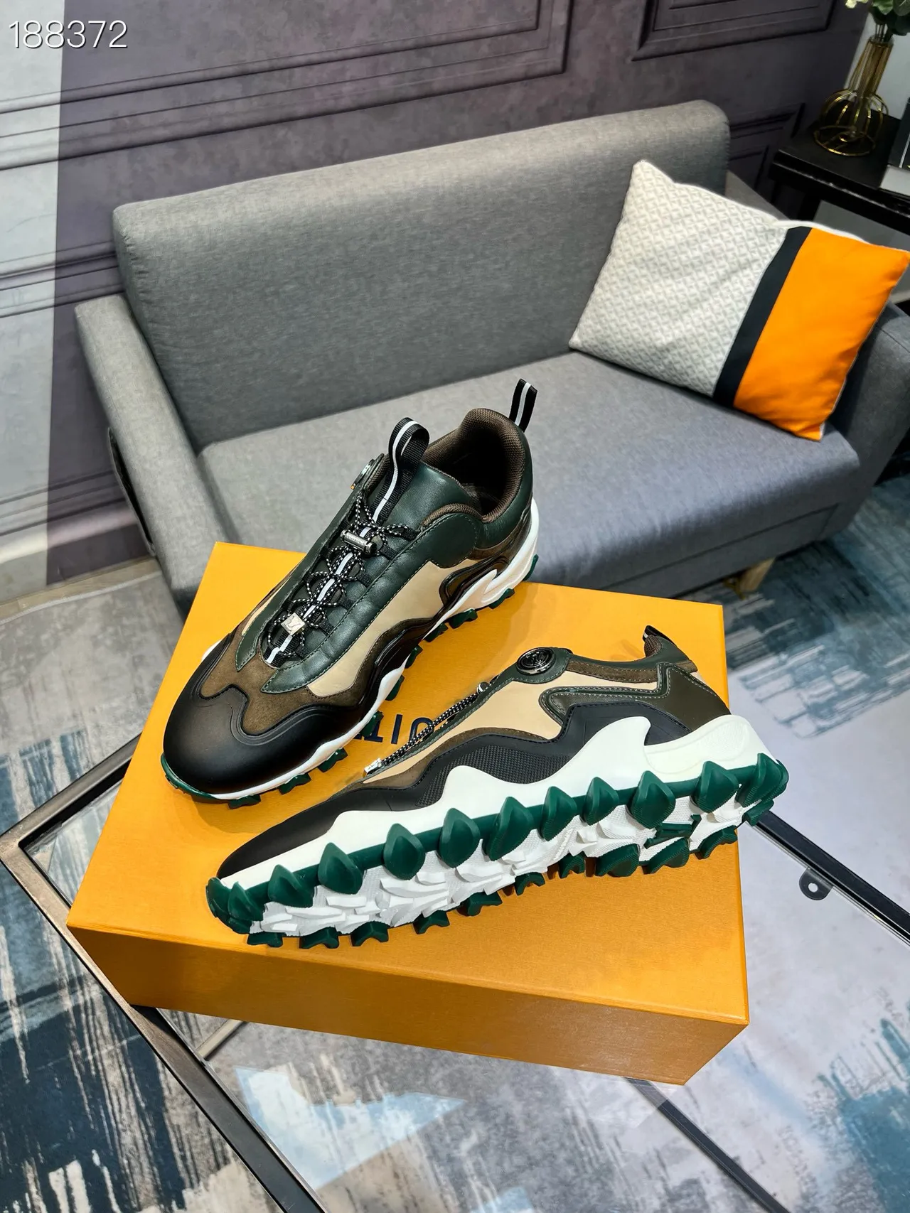 Louis Vuitton LV Trainer हरा भूरा एकल परतदार चमड़े-सुएड निर्माण मोटे स्नीकर 7