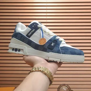 Louis Vuitton LV Trainer Tênis Navy Beige Painéis Denim Sola Chunky Lifestyle