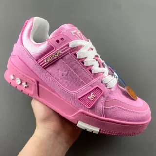Louis Vuitton LV Trainer Zapatillas Lifestyle Rosa Blanco Suela Plataforma Gruesa Textura Denim
