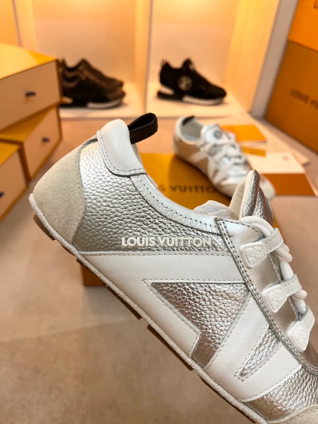 Louis Vuitton LV Trainer Silver White Metallic And Two-Tone V-Shaped Side Stripe Lifestyle Sneakers 2