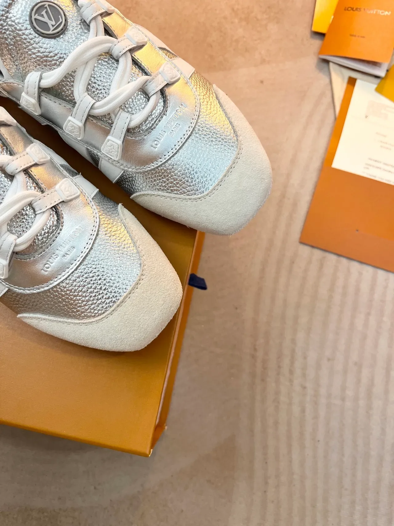 Louis Vuitton LV Trainer Silver White Metallic And Two-Tone V-Shaped Side Stripe Lifestyle Sneakers 3