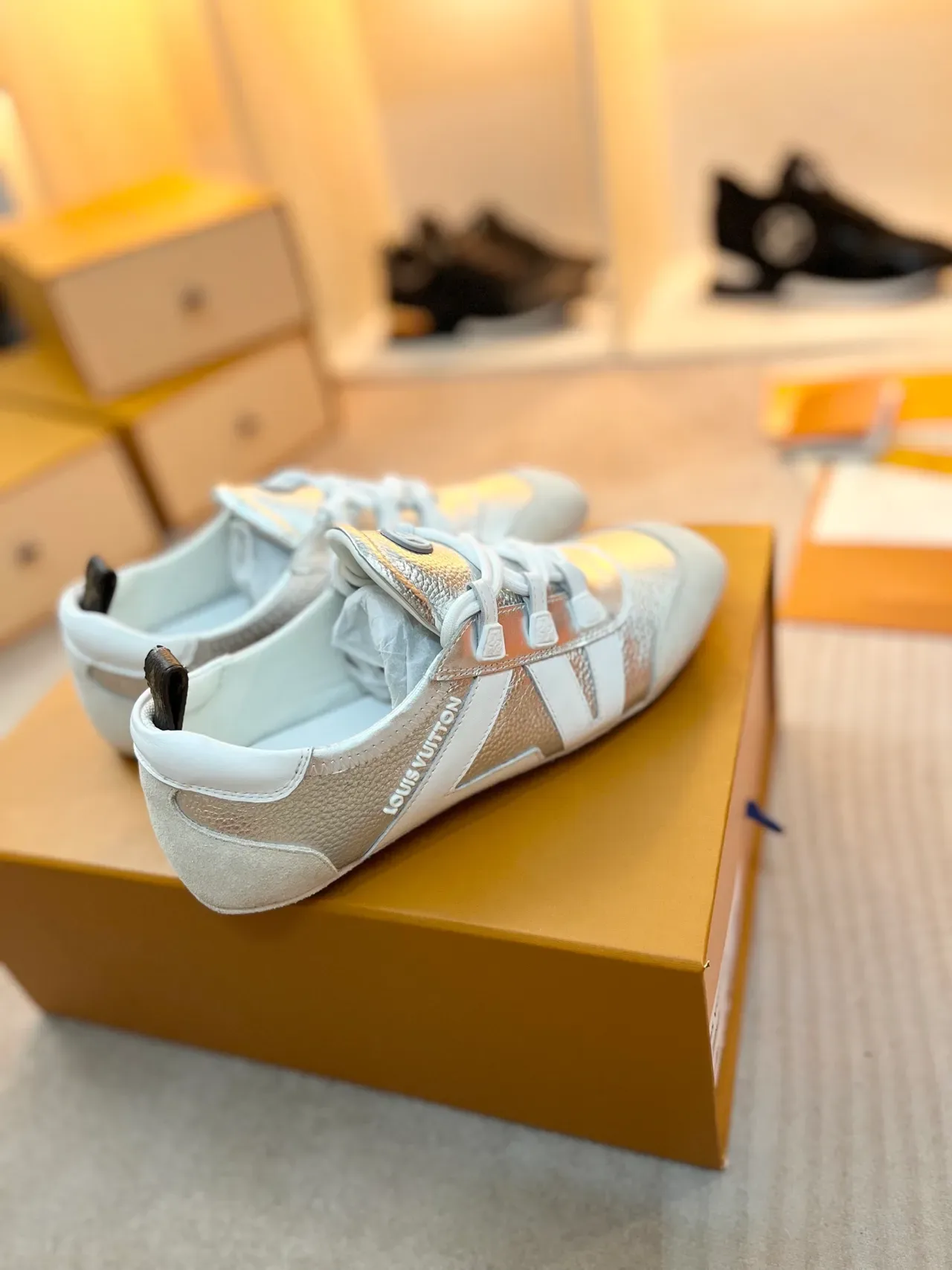 Louis Vuitton LV Trainer Silver White Metallic And Two-Tone V-Shaped Side Stripe Lifestyle Sneakers 4