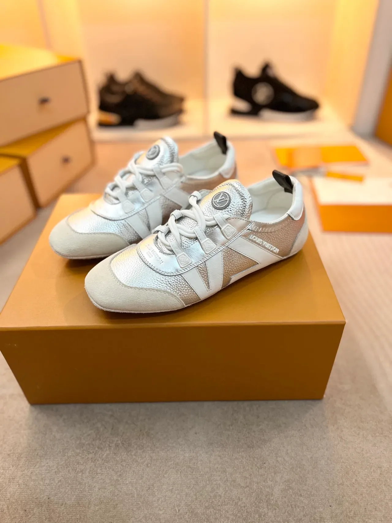 Louis Vuitton LV Trainer Silver White Metallic And Two-Tone V-Shaped Side Stripe Lifestyle Sneakers 5