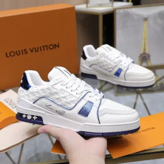Louis Vuitton LV Trainer Blanco Azul Monograma Embossado Cuero Detalle Tubular Sneakers de estilo de vida