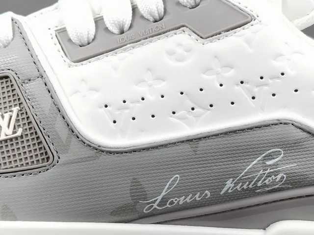 Louis Vuitton LV Trainer White Gray Layered Monogram Leather Perforated Toe Lifestyle Sneakers 8