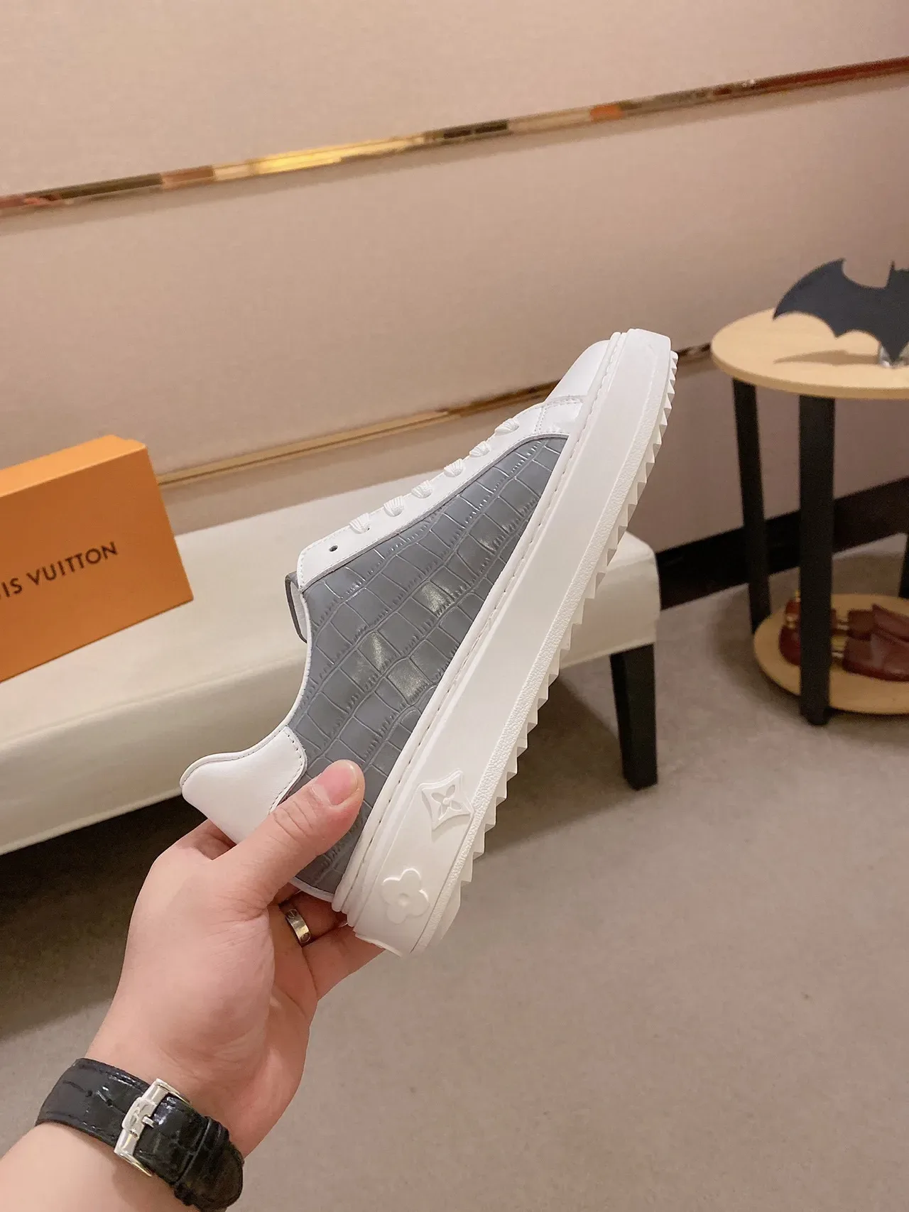 Louis Vuitton LV Trainer White Gray Leather Toe Cap Croc-Embossed Side Panel Lifestyle Sneakers 6