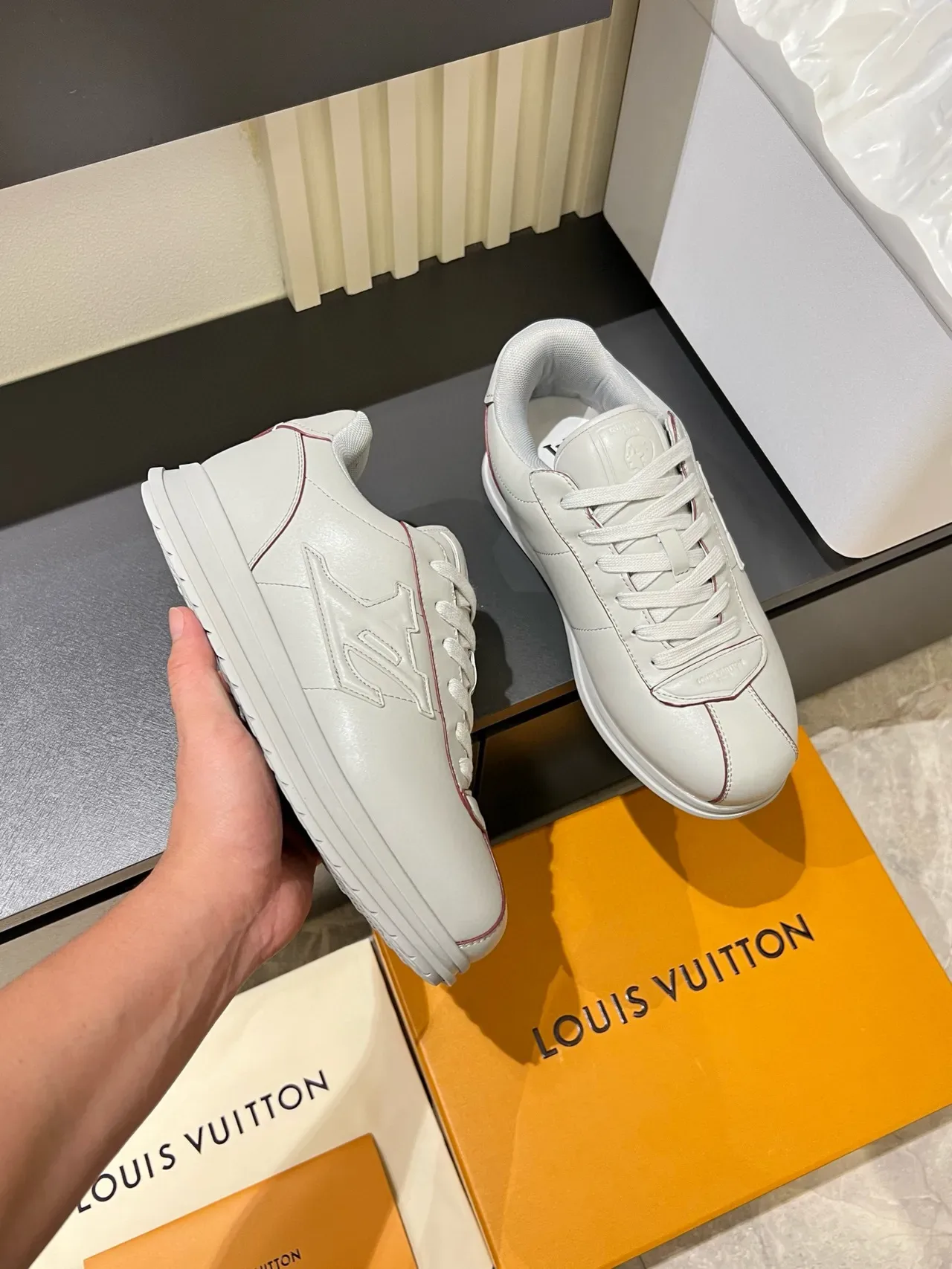 Louis Vuitton LV Trainer White Red Embossed Monogram Leather Lifestyle Sneakers 6
