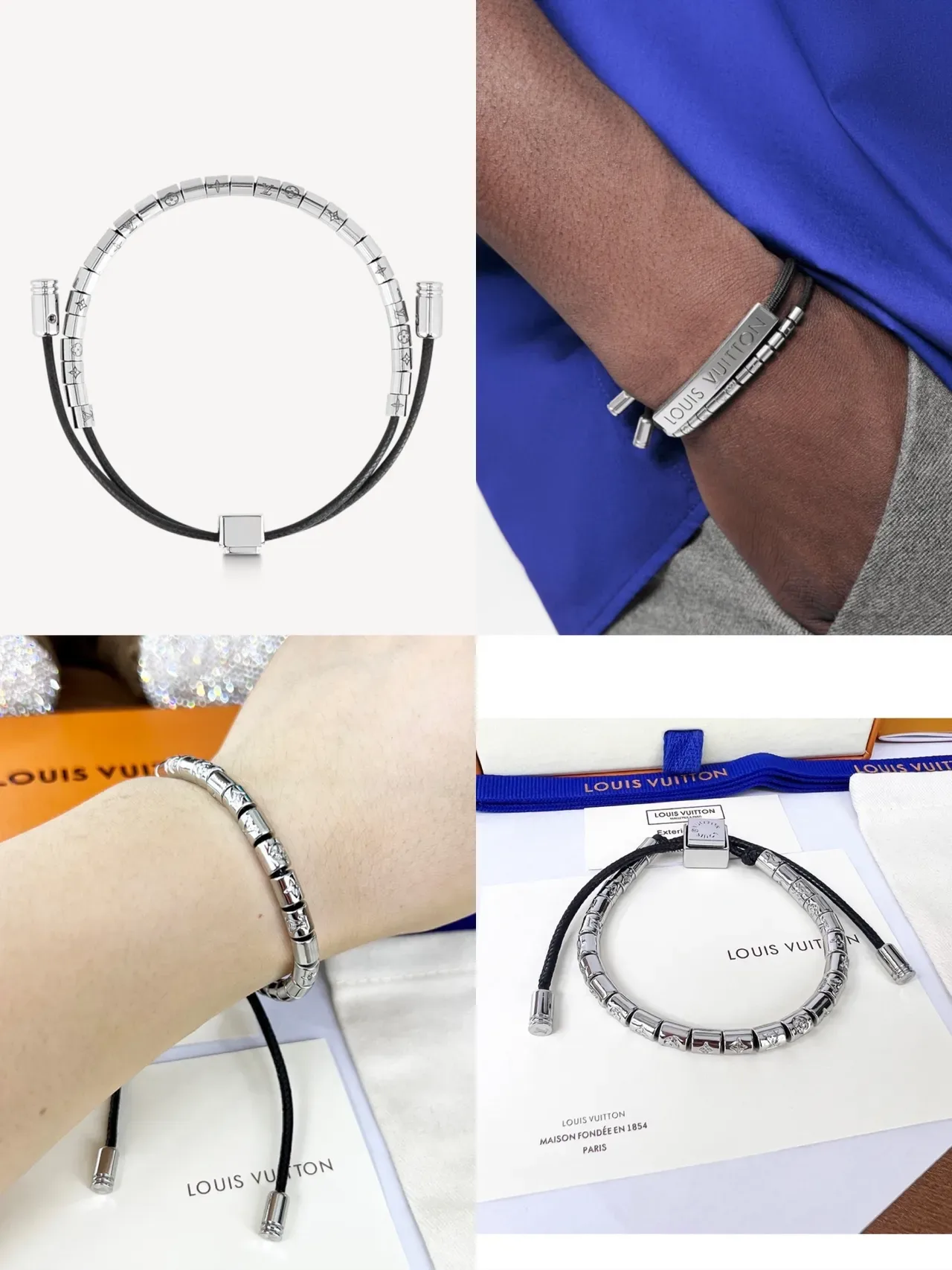 Louis Vuitton Monogram Beads Black Cord Silver-Tone Bracelet 6
