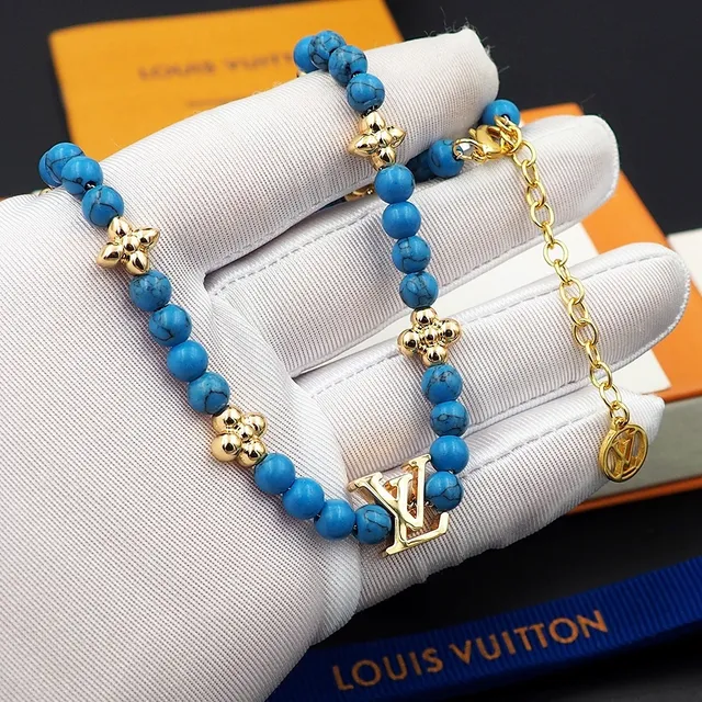 Louis Vuitton Monogram Beads Turquoise et doré collier 5