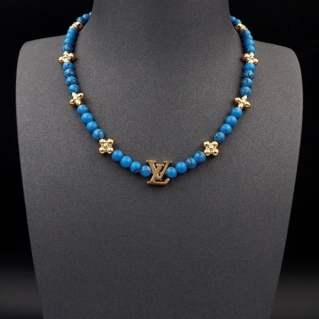 Louis Vuitton Monogram Beads Turquoise et doré collier 10