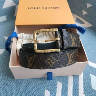 Louis Vuitton Monogram भूरी गोल्ड कोटेड कैनवास आयताकार बकल लेदर बेल्ट