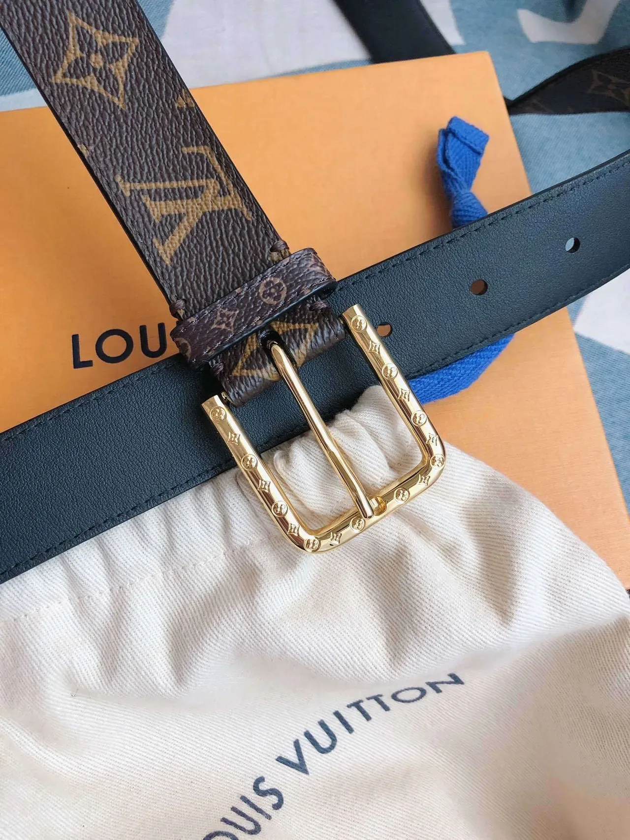 Louis Vuitton Correa Monograma Marrón Lona Recubierta de Oro Hebilla Rectangular Correa de Cuero 9