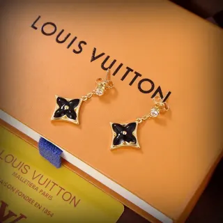 Louis Vuitton Monogram Flower Aretes Negro Esmalte Cadena Oro
