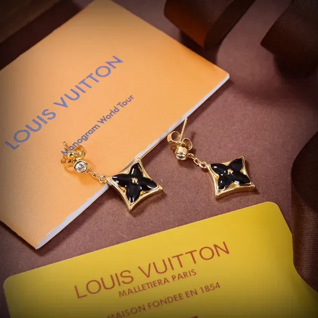Louis Vuitton Monogram Flower Black Enamel Gold-Tone Chain Drop Earrings 2