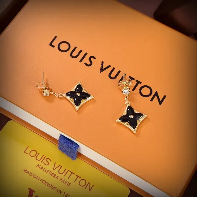 Louis Vuitton Monogram Flower Black Enamel Gold-Tone Chain Drop Earrings 3