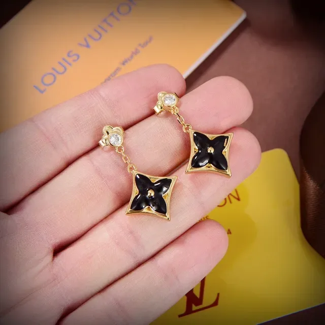 Louis Vuitton Monogram Flower Black Enamel Gold-Tone Chain Drop Earrings 4