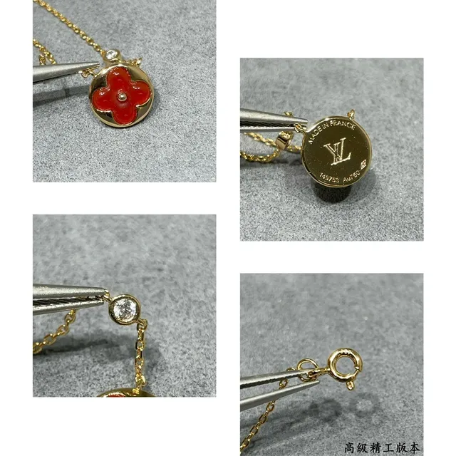 Louis Vuitton Monogram Flower Red Enamel Gold Necklace 4