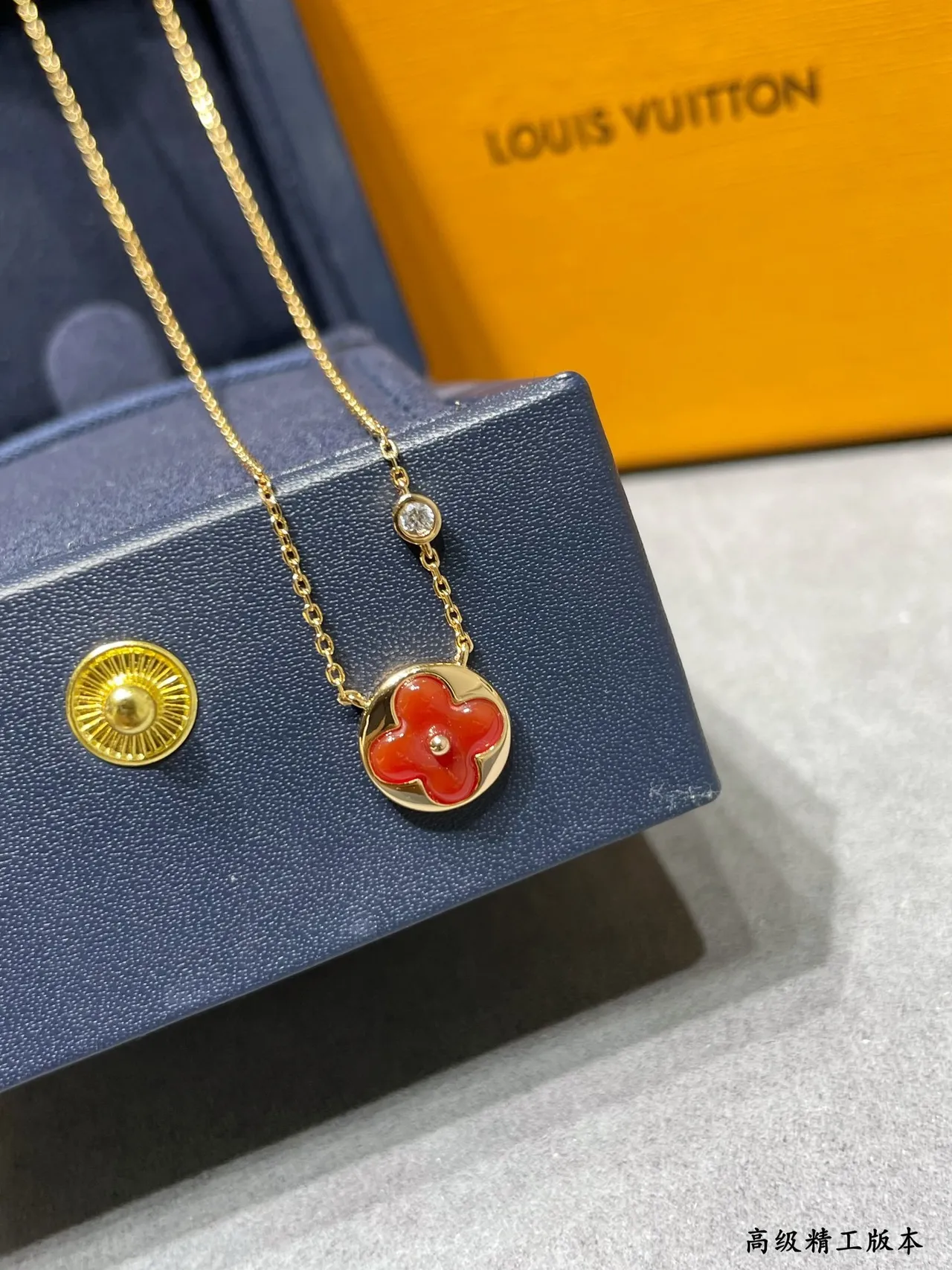 Louis Vuitton Monogram Flower Red Enamel Gold Necklace 6