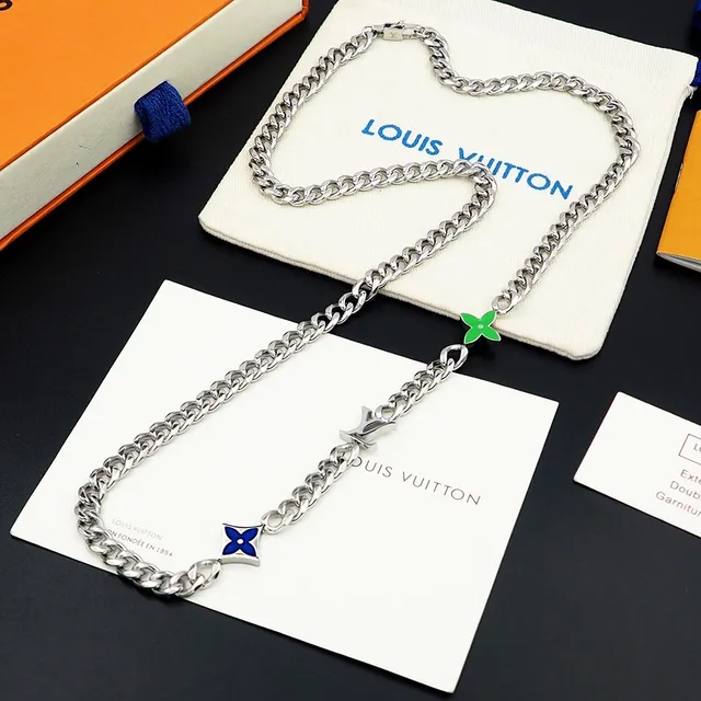 Louis Vuitton Monogram Flower Silver Curb Chain Necklace 2
