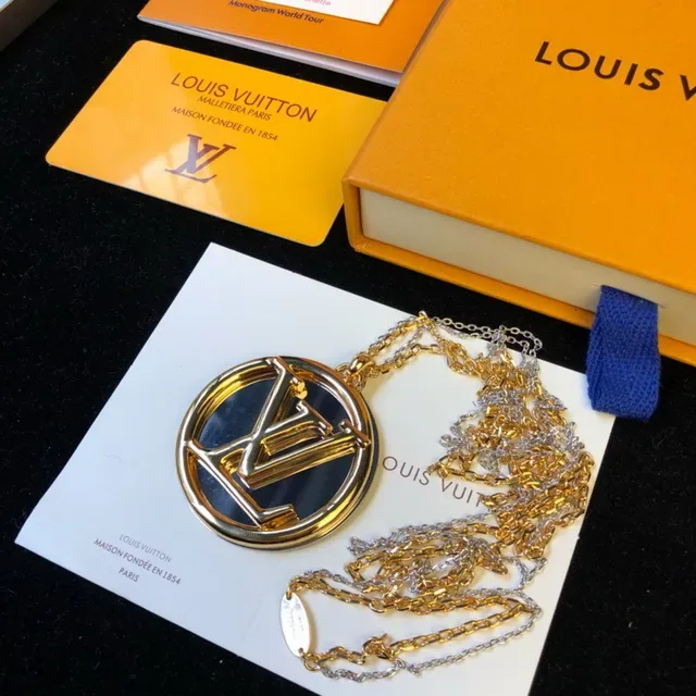 Louis Vuitton Monogram Gold Silver Circular Pendant Mirrored Face Necklace 3