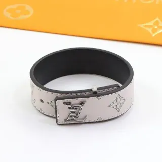 Louis Vuitton Monogram Leather Bracelet Black Silver Metal LV Plaque Clasp Bracelet