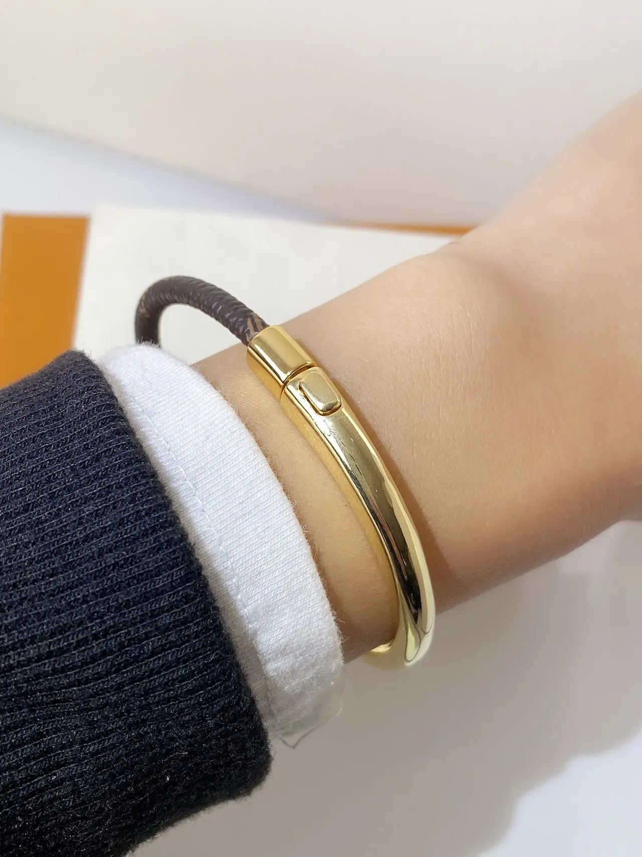 Louis Vuitton Monogram Leather Cord Gold-Tone Bangle Bracelet 2