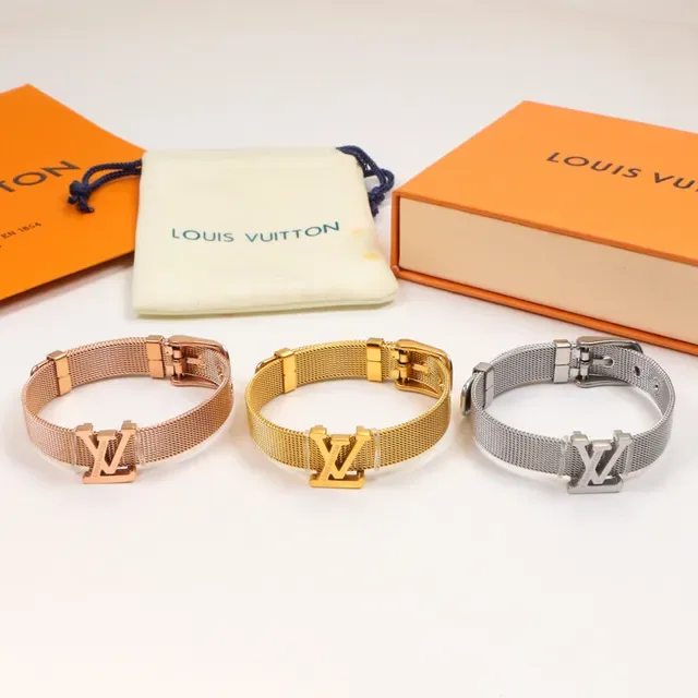 Louis Vuitton Monogram Mesh Bracelet Gold Silver Band Plaque Bracelet 5