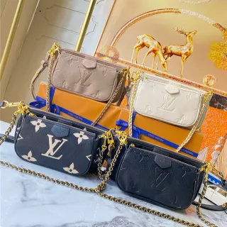 Louis Vuitton Multi Pochette Accessoires Preta Dourada Monograma Embossado Cinto de Corrente Crossbody