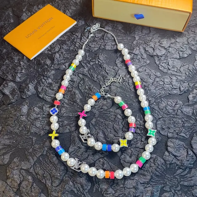 Louis Vuitton Multicolor White Pearl-Strand Enamel-Charm Necklace 1