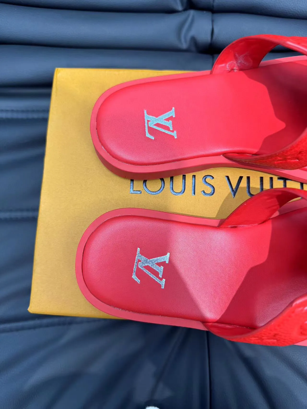 Louis Vuitton Red Molded Rubber Embossed Monogram Slippers 8