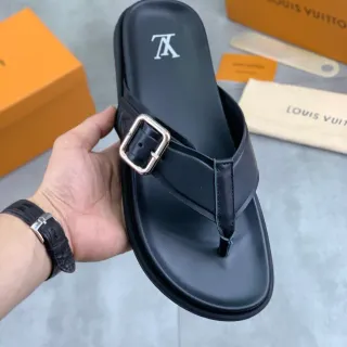 Louis Vuitton Slide Black Silver Leather Buckle-Strap Slippers