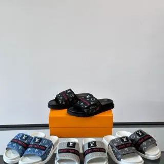 Louis Vuitton Slides Negro Blanco Monogram Lona Correa Suela de Goma Moldada Sandalias