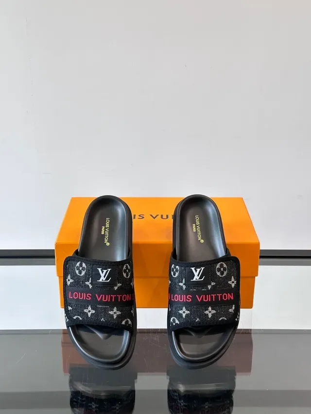 Louis Vuitton Slides Black White Monogram Canvas Strap Molded Rubber Sole Slippers 4
