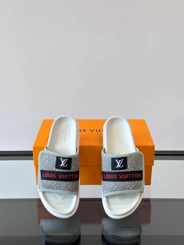 Louis Vuitton Slides Black White Monogram Canvas Strap Molded Rubber Sole Slippers 6