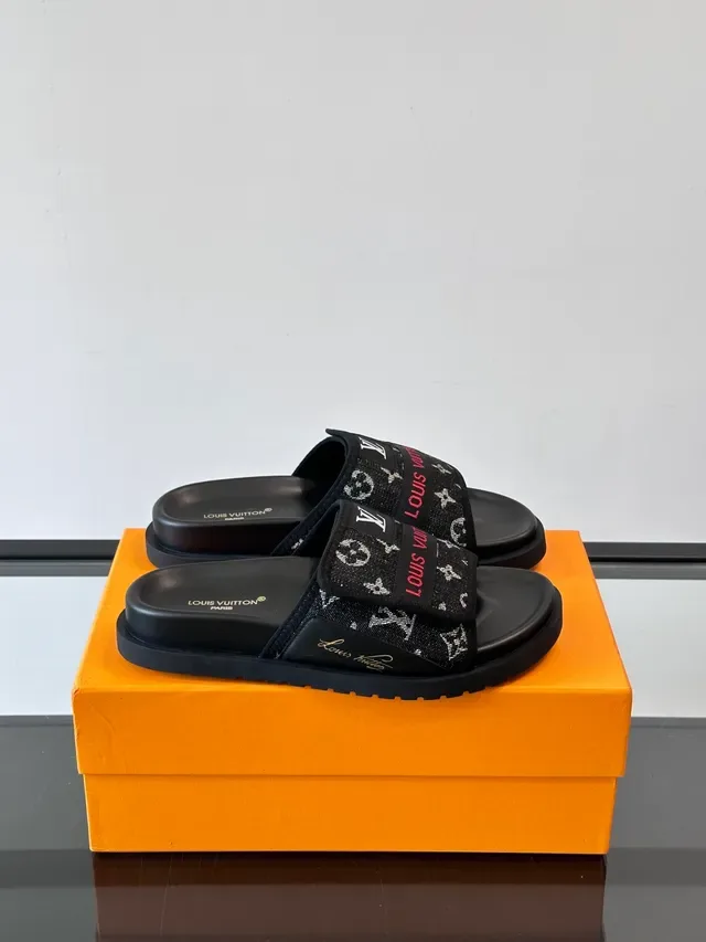 Louis Vuitton Slides Black White Monogram Canvas Strap Molded Rubber Sole Slippers 8